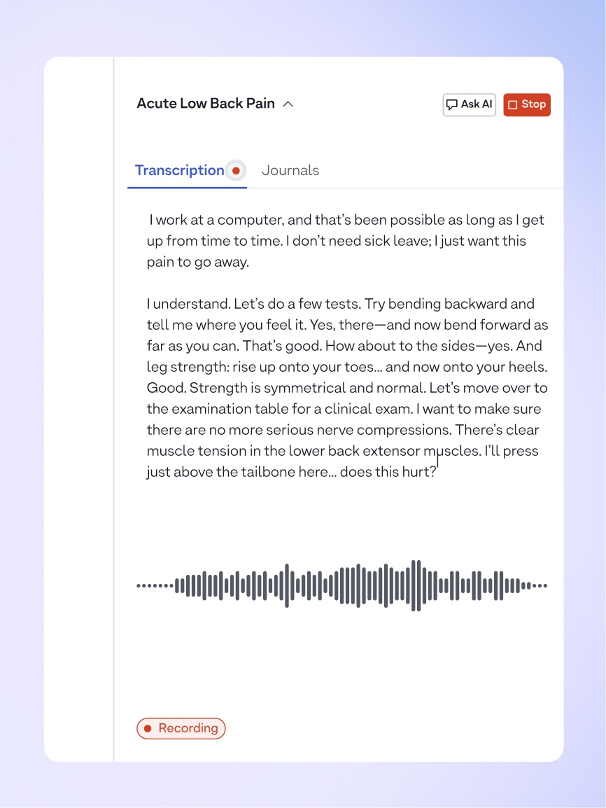 A session recording: the transcript filling in live, a waveform, and a recording indicator with a stop control.