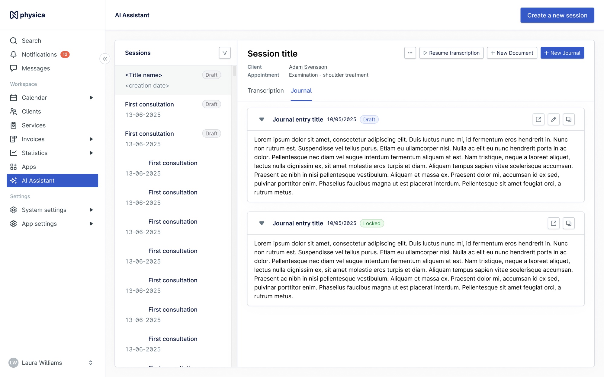 The assistant on desktop: a list of sessions, transcription and journal tabs, and a drafted note waiting to be reviewed.
