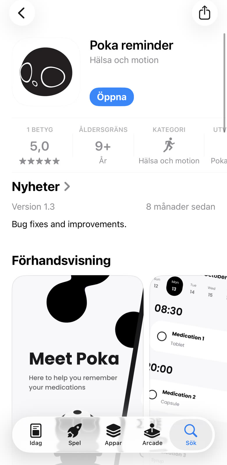 The live App Store listing for Poka reminder: health and fitness category, a 5.0 rating, and the Meet Poka preview screenshots.