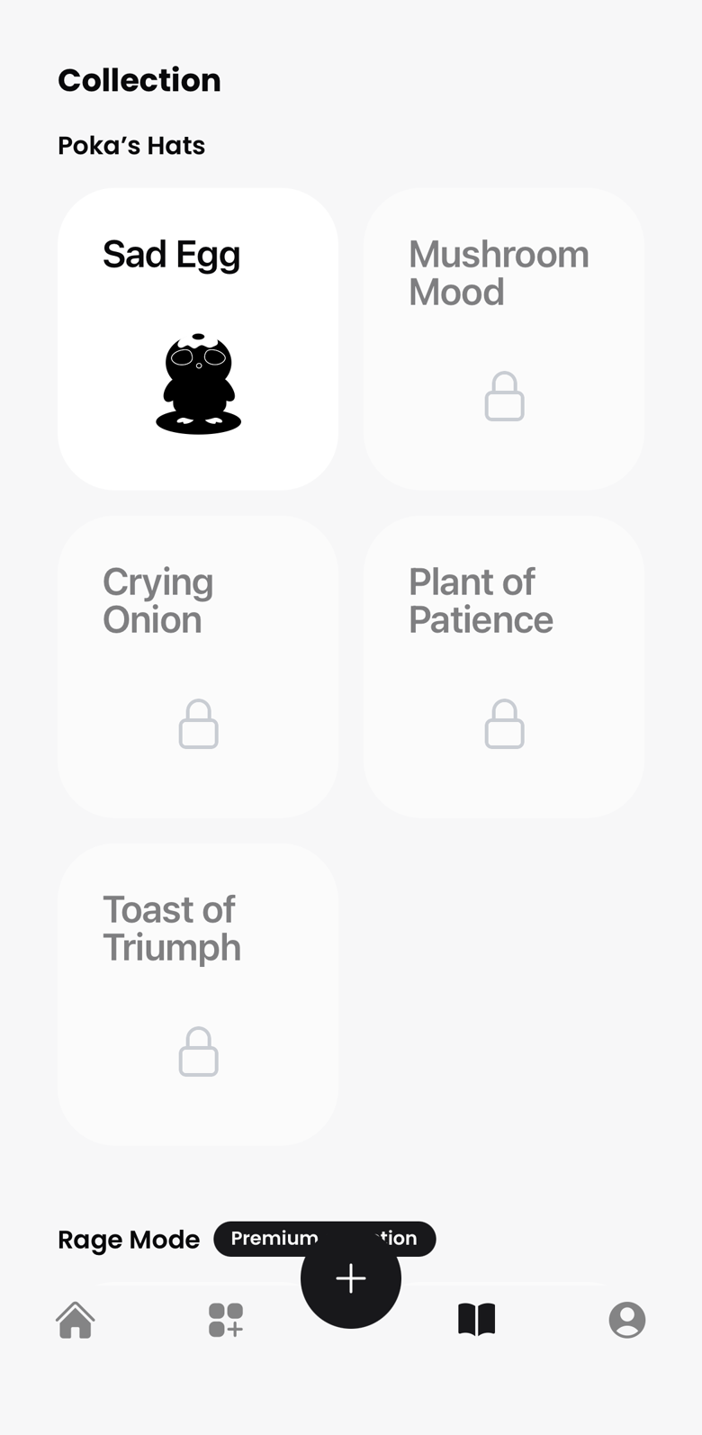 The collection screen: Poka's Hats deck with Sad Egg unlocked and Mushroom Mood, Crying Onion, Plant of Patience, and Toast of Triumph still locked.