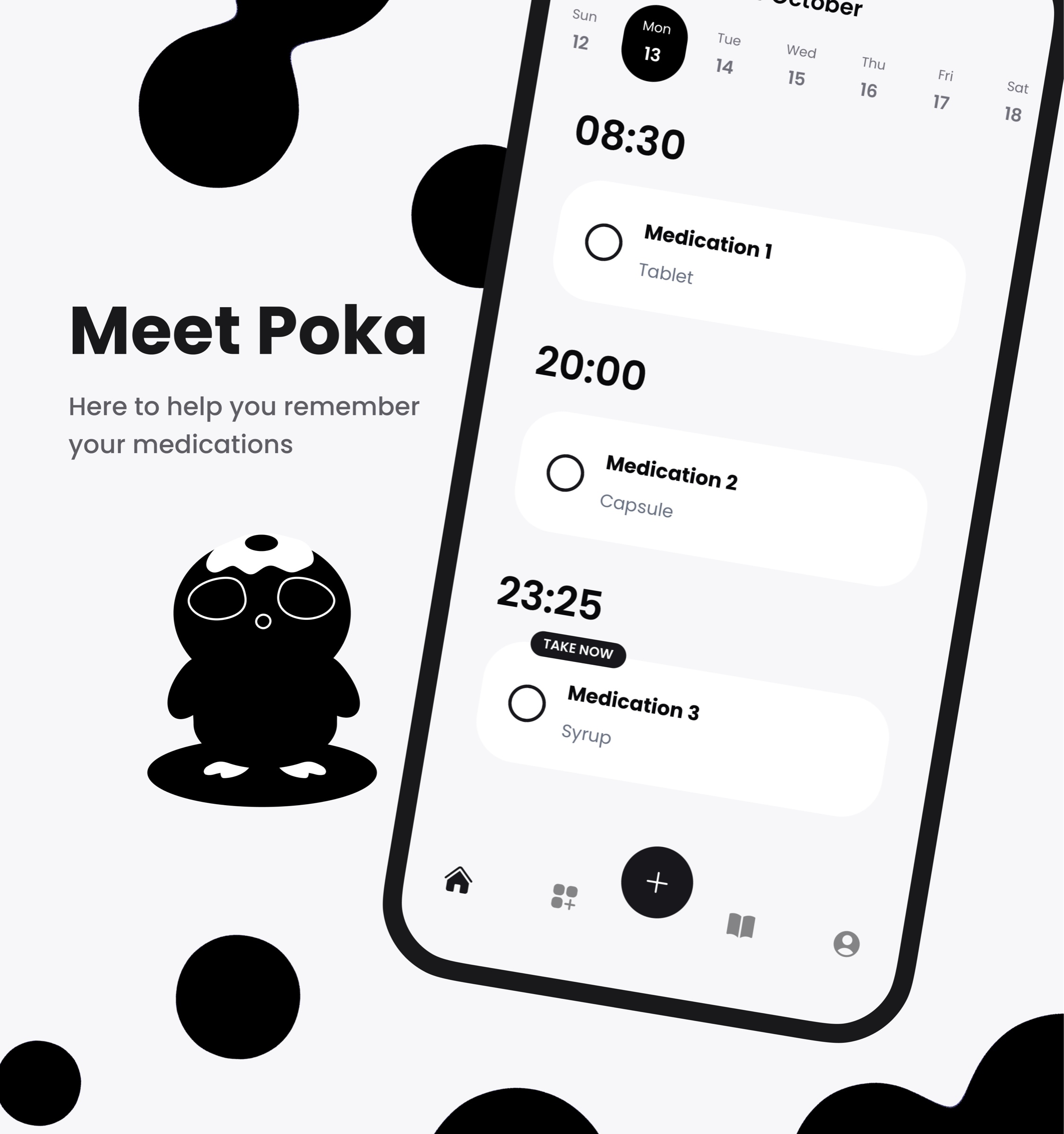 Meet Poka: here to help you remember your medications. The penguin character in a hat beside a phone showing three doses at 08:30, 20:00 and 23:25, the last one marked take now.