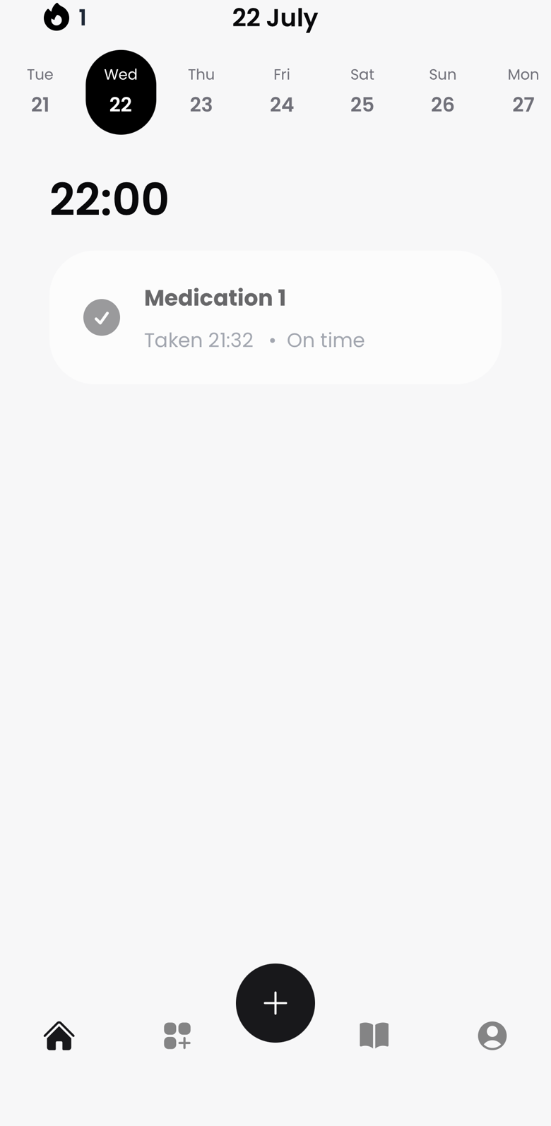The Poka home screen: a week strip across the top, a streak counter, and today's 22:00 dose of Medication 1 marked taken at 21:32, on time.