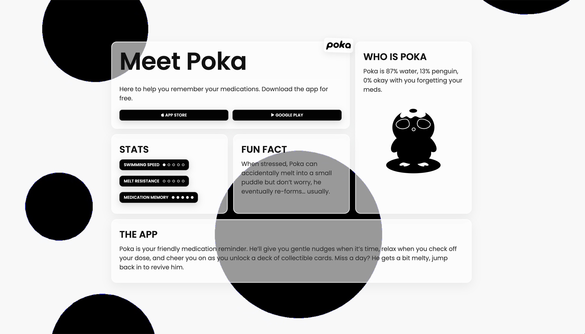 The Poka marketing site: a Meet Poka hero with App Store and Google Play buttons, and cards for who is Poka, stats, a fun fact, and the app itself.