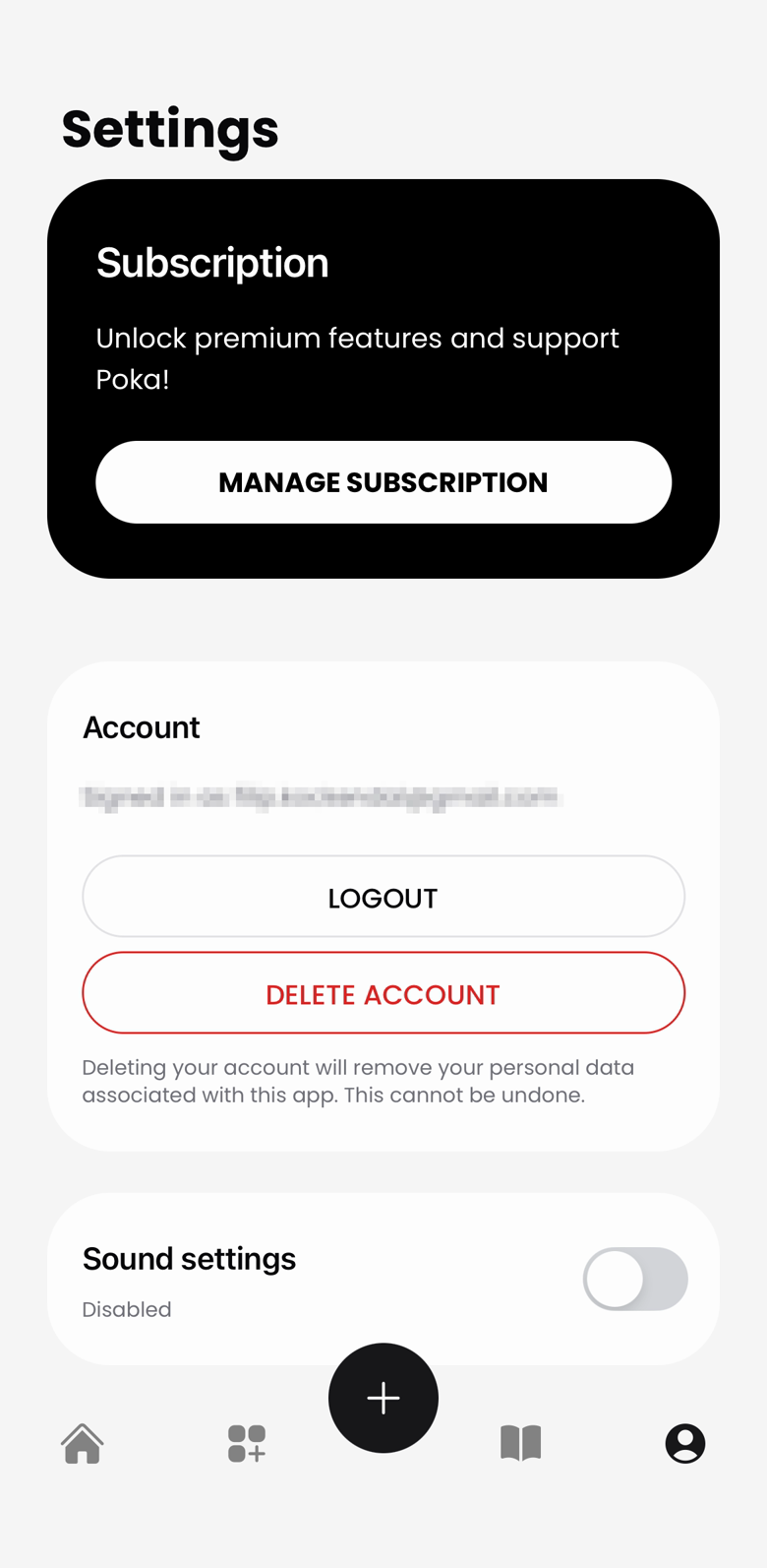 The settings screen: a subscription card, account with logout and delete account, and sound settings.