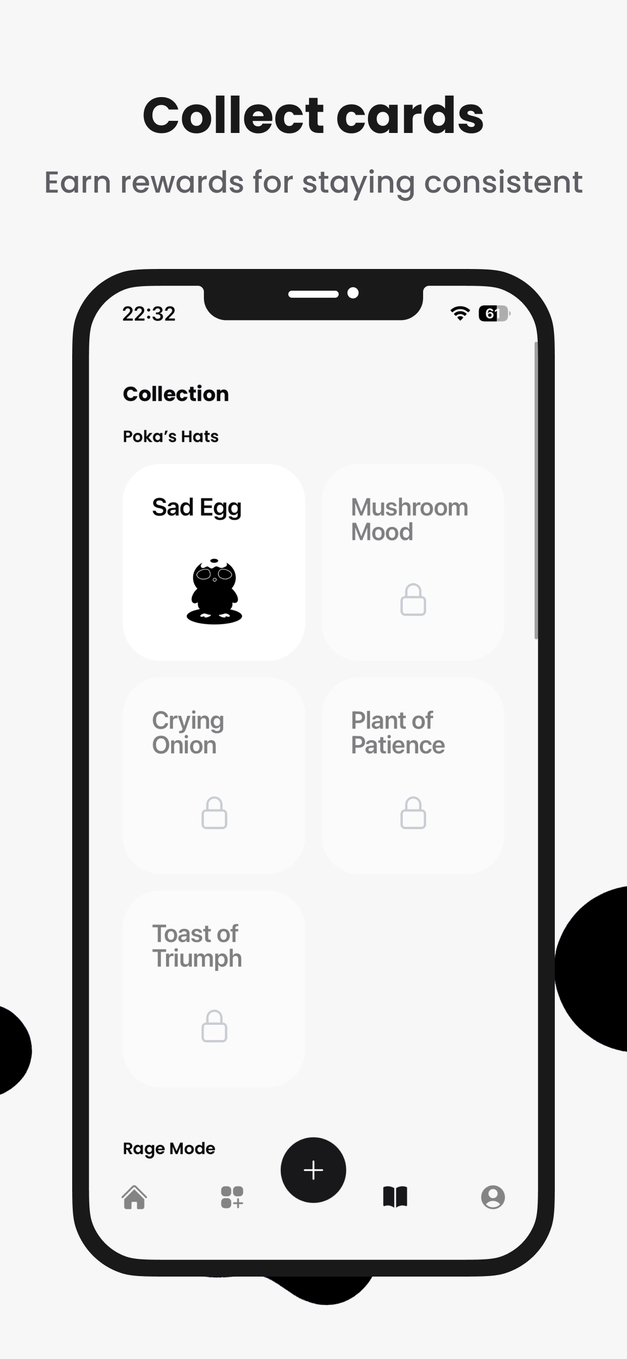 App Store screenshot, Collect cards: earn rewards for staying consistent, over the collection with Sad Egg unlocked and four cards still locked.
