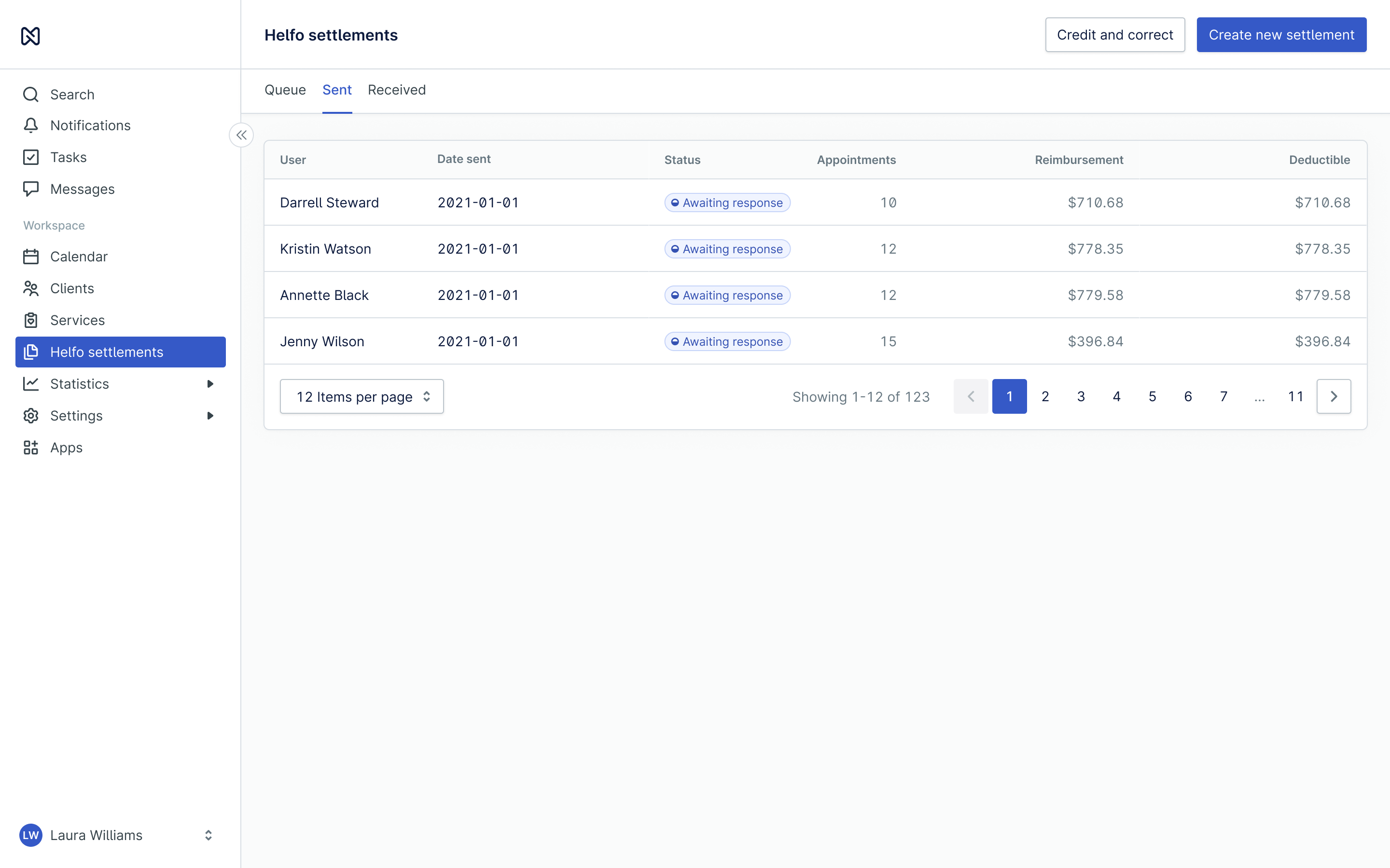 The sent tab: submitted settlements listed by user and date sent, each marked awaiting response, with appointment counts, reimbursement and deductible amounts.
