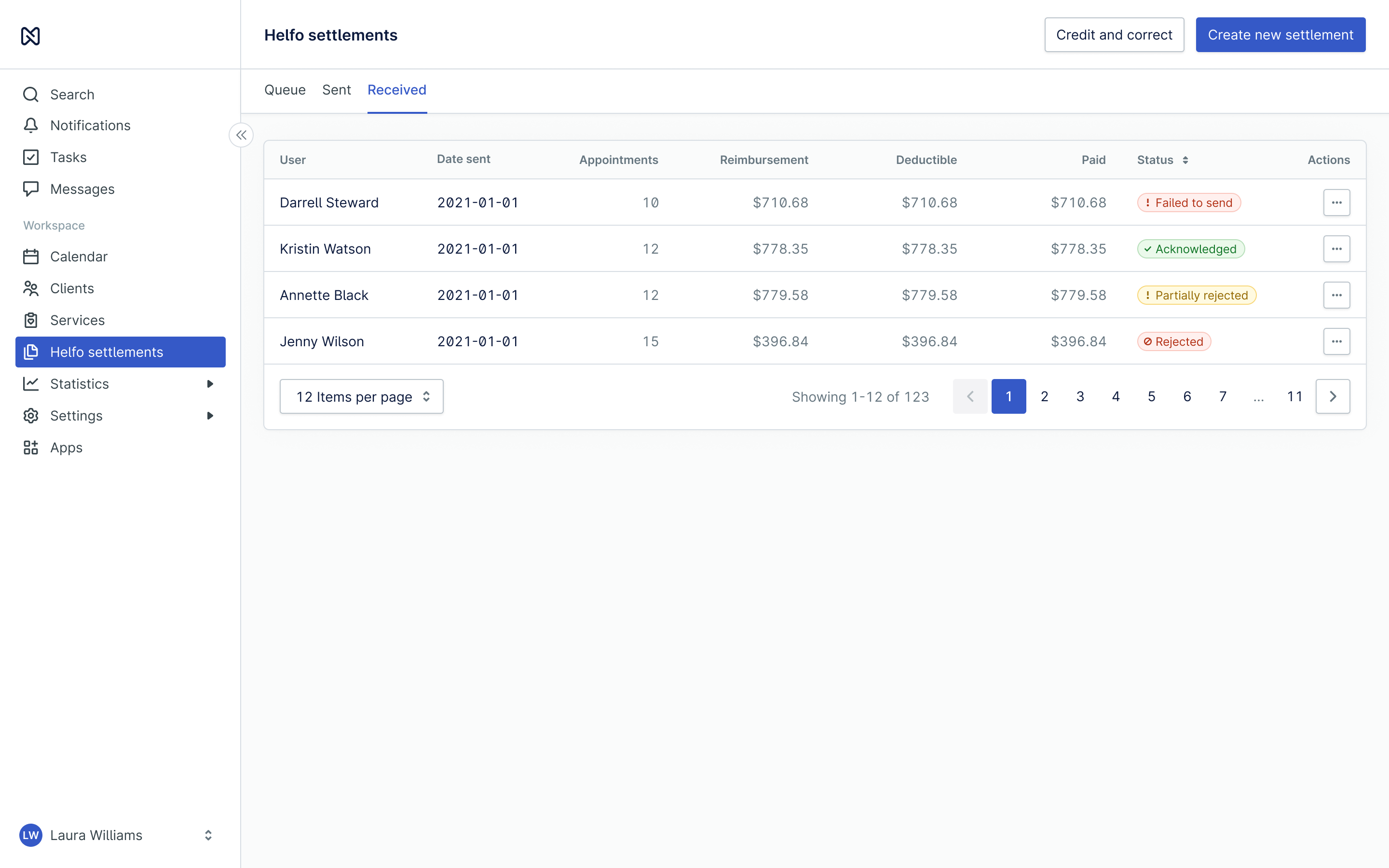 The received tab: each settlement with its reimbursement, deductible and paid amounts, and a status of failed to send, acknowledged, partially rejected or rejected.