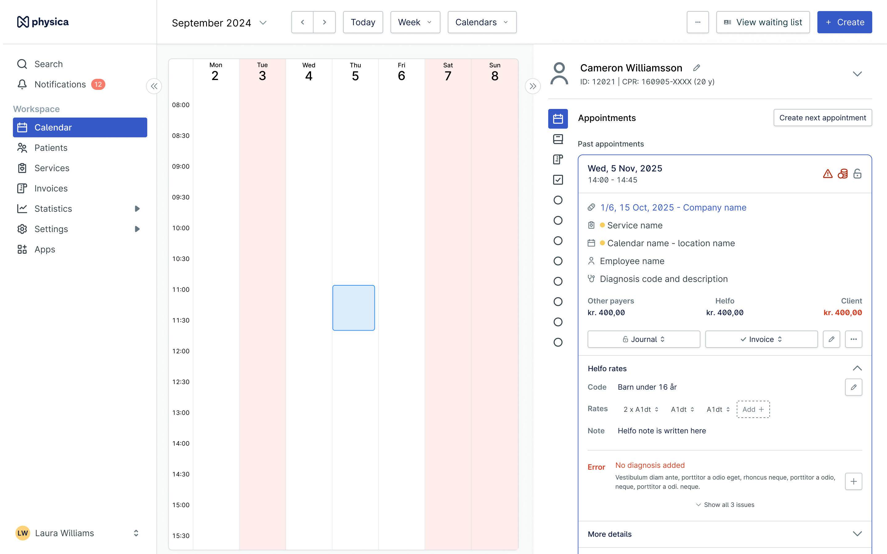The calendar with a patient panel open beside it. A past appointment is expanded to show the payer split between other payers, Helfo and the client, then Helfo rates with the code for a child under sixteen, the rates claimed and a note, and below that an error reading no diagnosis added with three issues to show.